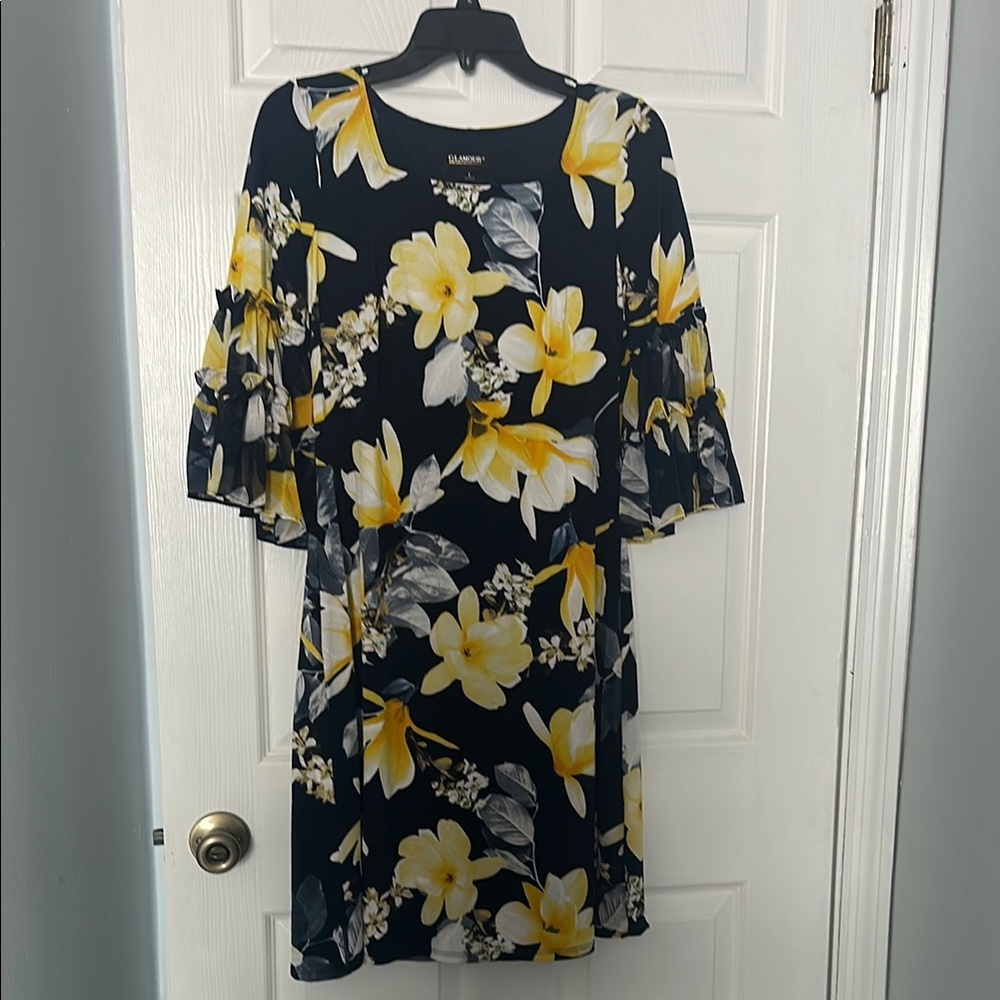Glamour Yellow Floral 3/4 Sleeve Dress